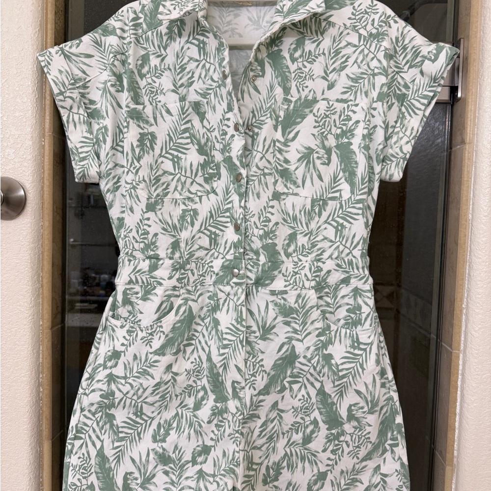 Green Leaf Print Button-Up Romper